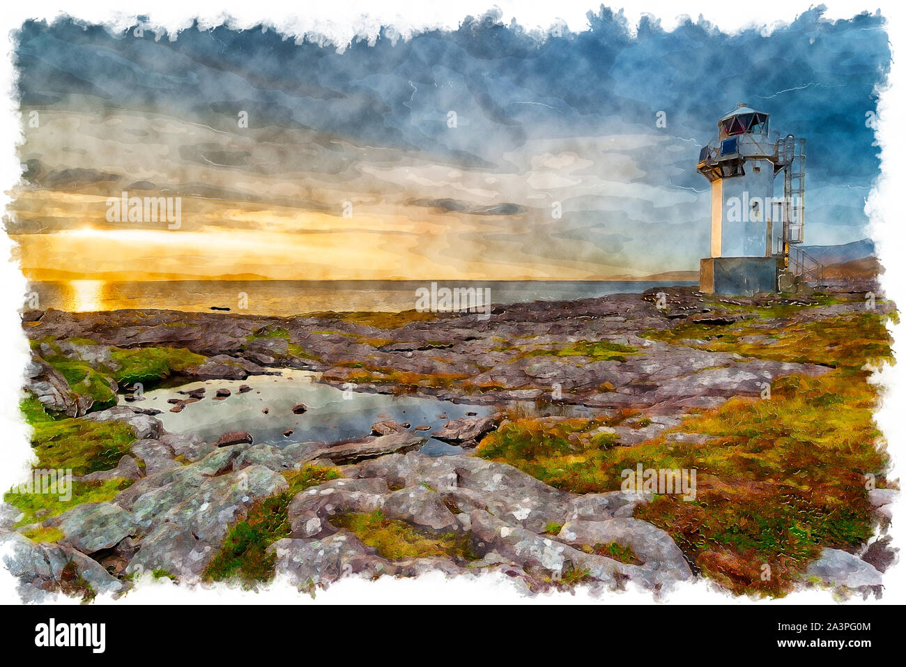La pittura ad acquerello del tramonto a Rhue Lighthouse vicino a Ullapool nell'estremo nord-ovest della Scozia Foto Stock