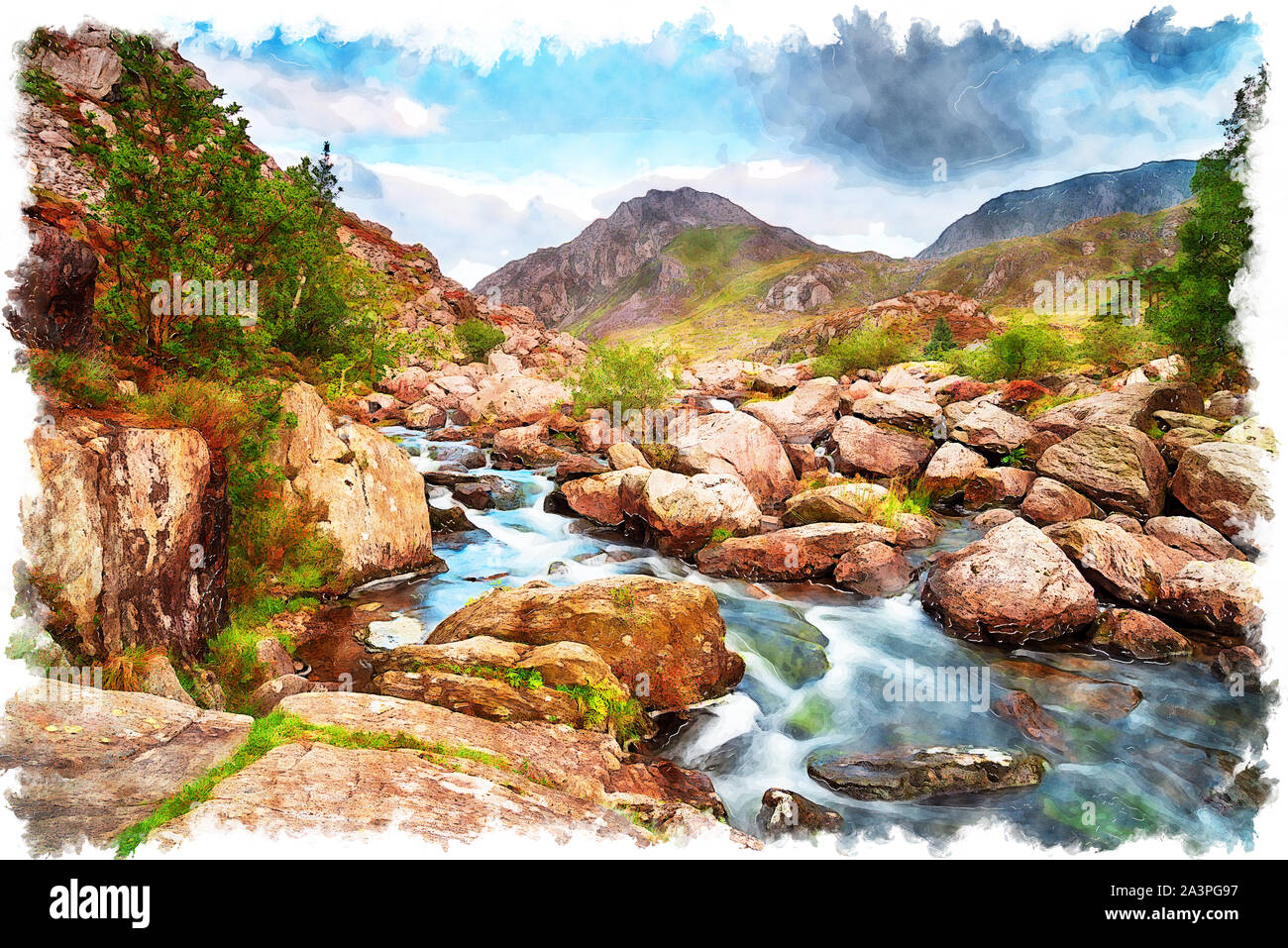 La pittura ad acquerello di Afon Ogwen come cascades su rocce della valle Ogwen con il monte Tryfan in background Foto Stock