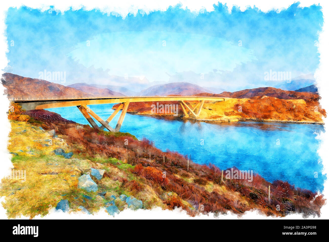 La pittura ad acquerello di Kylesku bridge spanning Loch un' Chàirn Bhàin in Sutherland nelle Highlands della Scozia Foto Stock