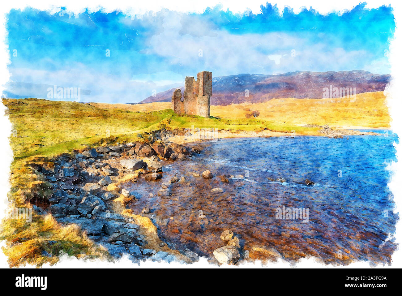 La pittura ad acquerello di Ardvreck Castle sul NC500 itinerario turistico nelle Highlands della Scozia Foto Stock