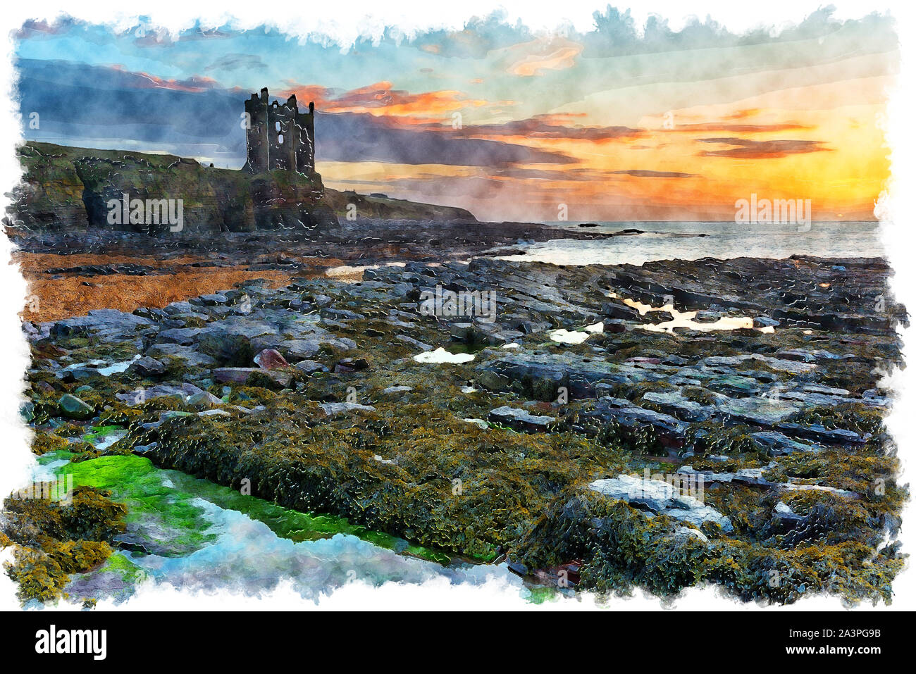 La pittura ad acquerello di sunrise al castello di Keiss vicino a Wick nel lontano nord della Scozia Foto Stock