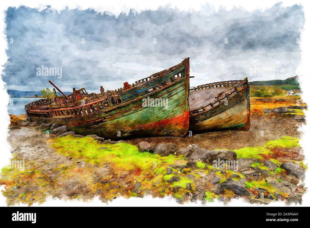 La pittura ad acquerello di spiaggiata barche di pescatori sulla spiaggia a Salen sull'Isle of Mull Foto Stock