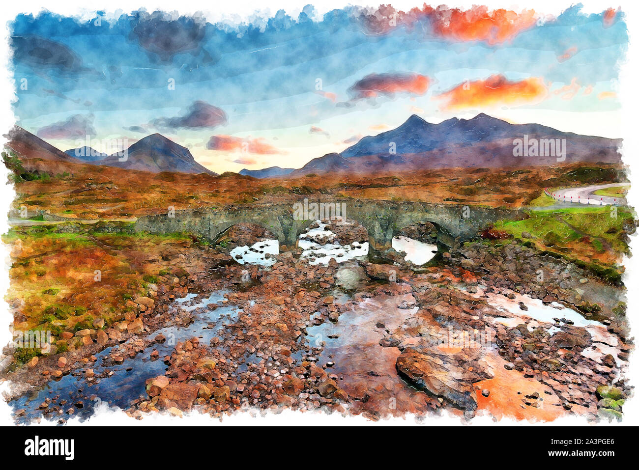 La pittura ad acquerello del tramonto sul vecchio ponte di Sligachan sull'Isola di Skye in Scozia con le montagne Cuillin in background Foto Stock