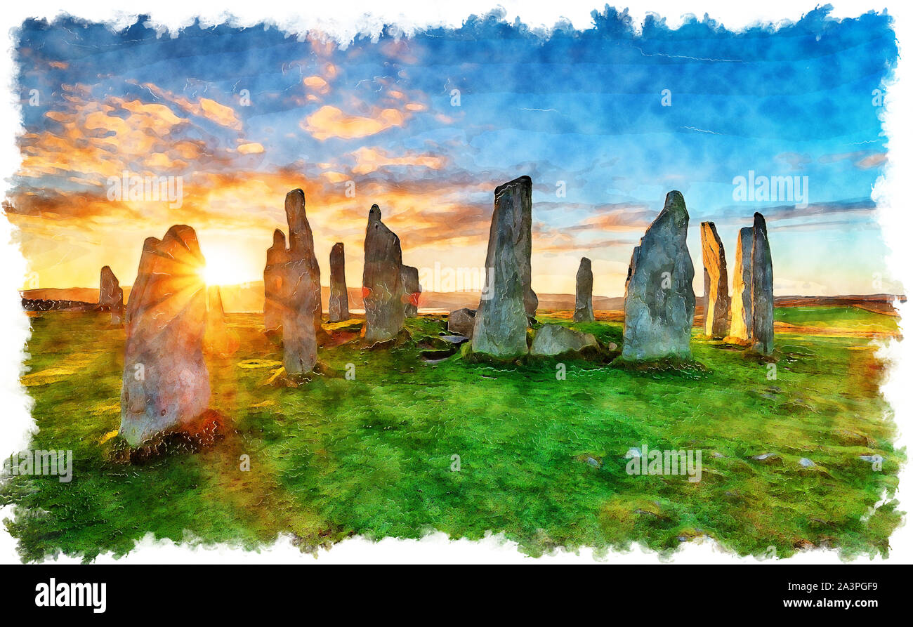 La pittura ad acquerello di un tramonto mozzafiato su Callanish cerchio di pietra sull'Isola di Lwais nelle Ebridi Esterne della Scozia Foto Stock