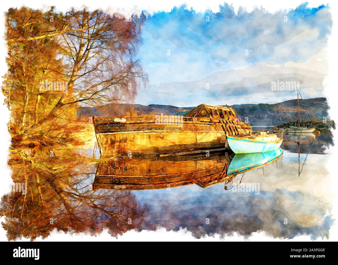 La pittura ad acquerello di vecchie barche da pesca sul lago di Loch Ness a Fort Augustus nelle Highlands della Scozia Foto Stock