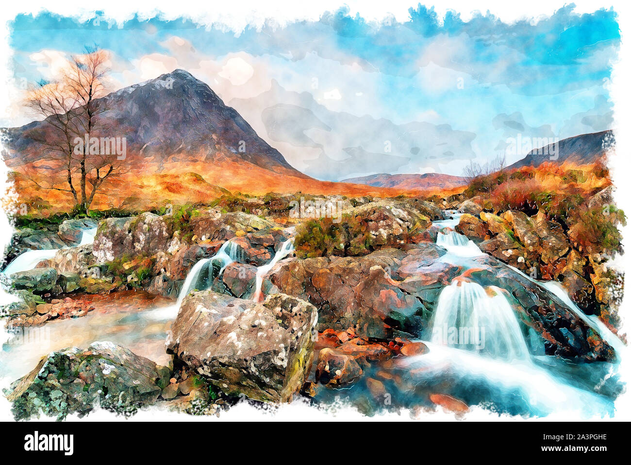 La pittura ad acquerello di cascate a Buachaille Etive Mor a Glencoe nelle Highlands scozzesi Foto Stock