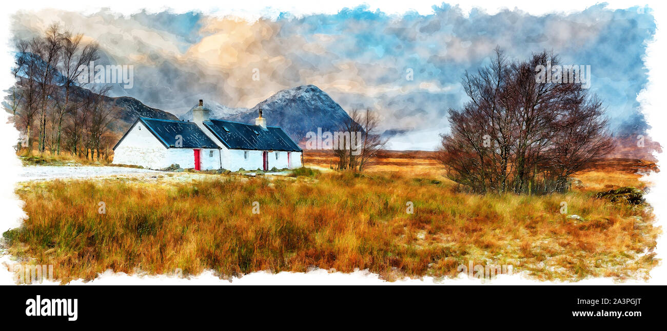 La pittura ad acquerello di Blackrock cottage a Glencoe nelle Highlands della Scozia Foto Stock