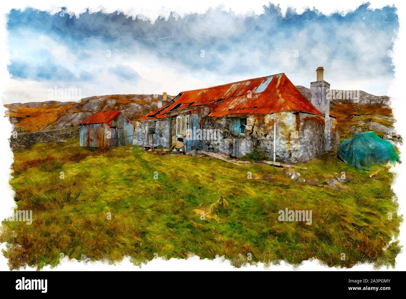 La pittura ad acquerello di un vecchio abbandonato croft on the Golden Road a Quidnish sull'Isle of Harris nelle Western Isles della Scozia Foto Stock