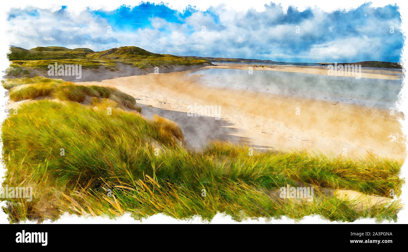La pittura ad acquerello di spiaggia e dune di sabbia ar Ardroil vicino a Uig dell'isola di Lewis nelle Ebridi Esterne Foto Stock