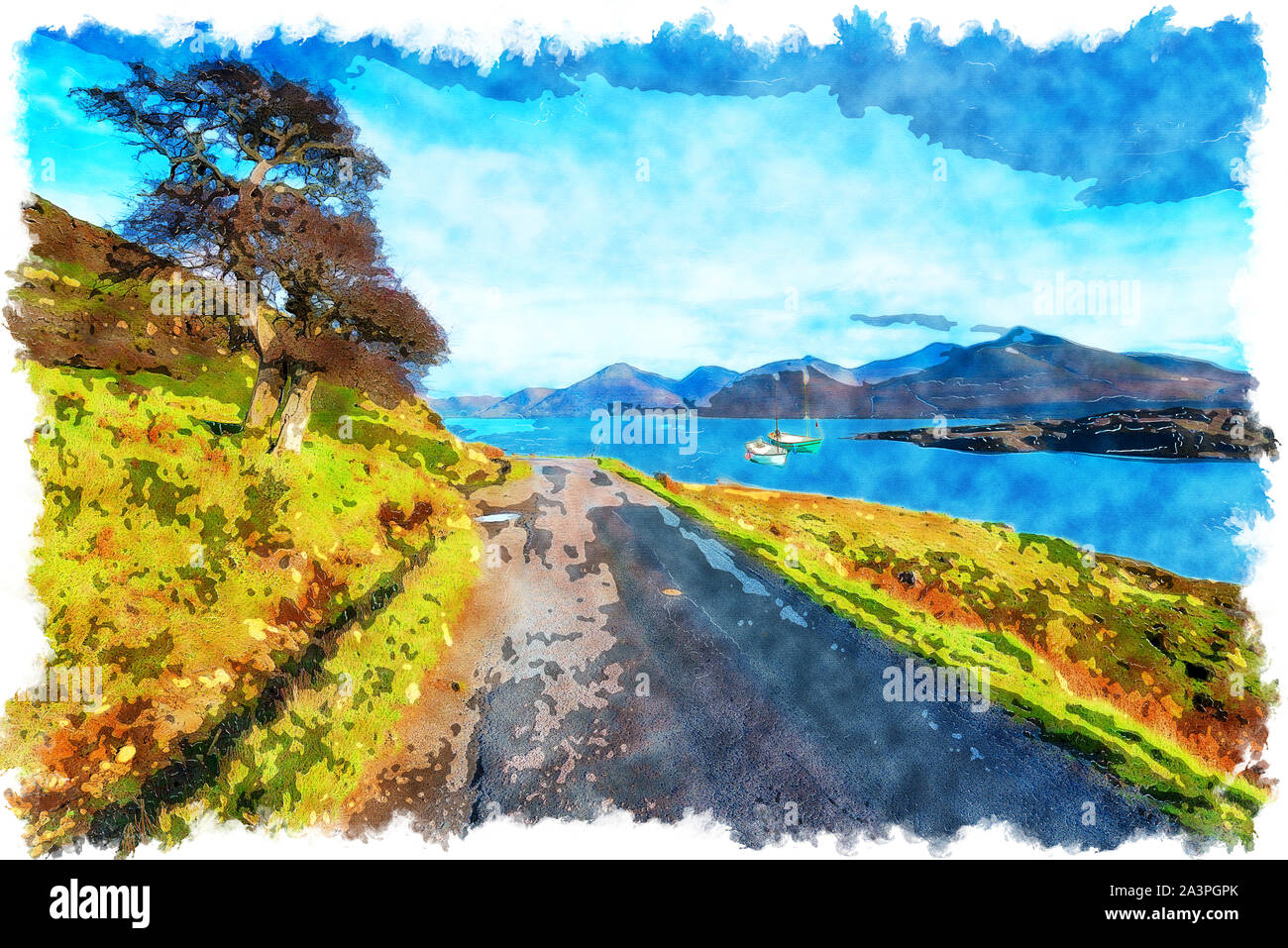 La pittura ad acquerello della strada costiera sull'Isle of Mull vicino Acharonich e guardare fuori sul Loch Na Keal al ben più la gamma della montagna Foto Stock