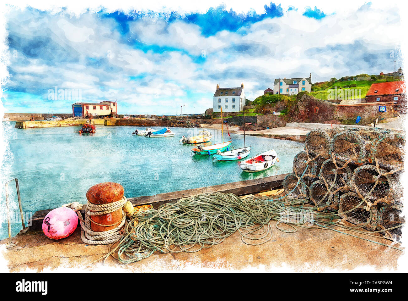 La pittura ad acquerello del porto di St Abbs, un grazioso villaggio di pescatori vicino a Eyemouth sulla costa est della Scozia Foto Stock