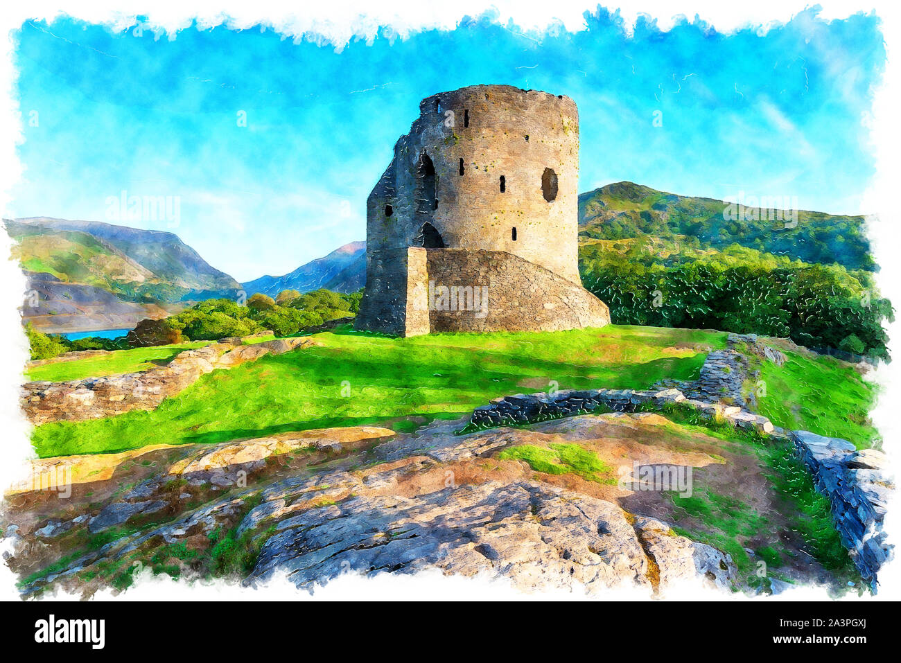 La pittura ad acquerello di Dolbadarn Castle a Llanberis nel Parco Nazionale di Snowdonia nel Galles Foto Stock