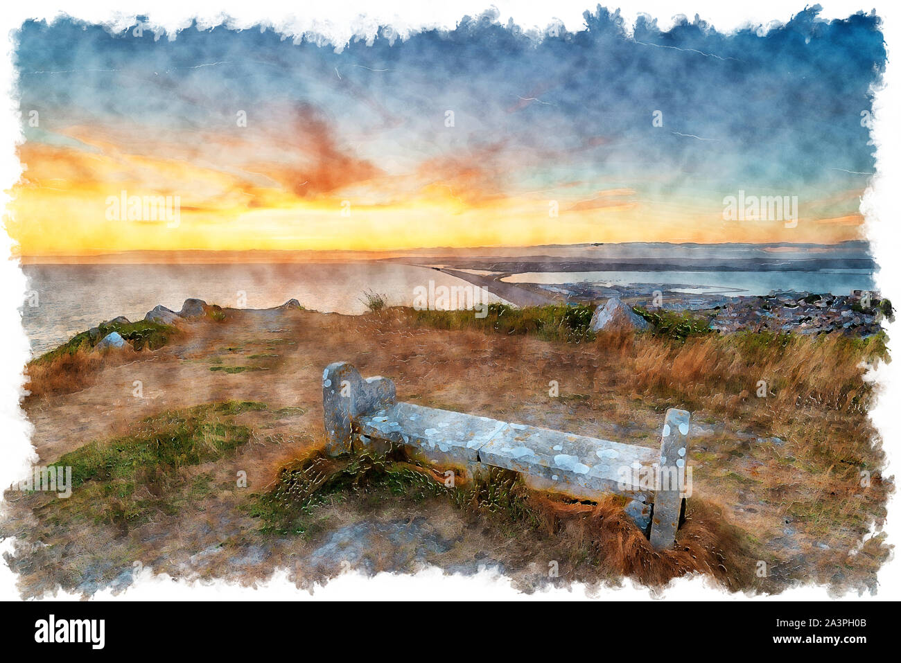 La pittura ad acquerello del tramonto su un vecchio banco di pietra su scogliere a Tout cava sulla th e isola di Portland, guardando verso il Causeway e Chesil Bea Foto Stock