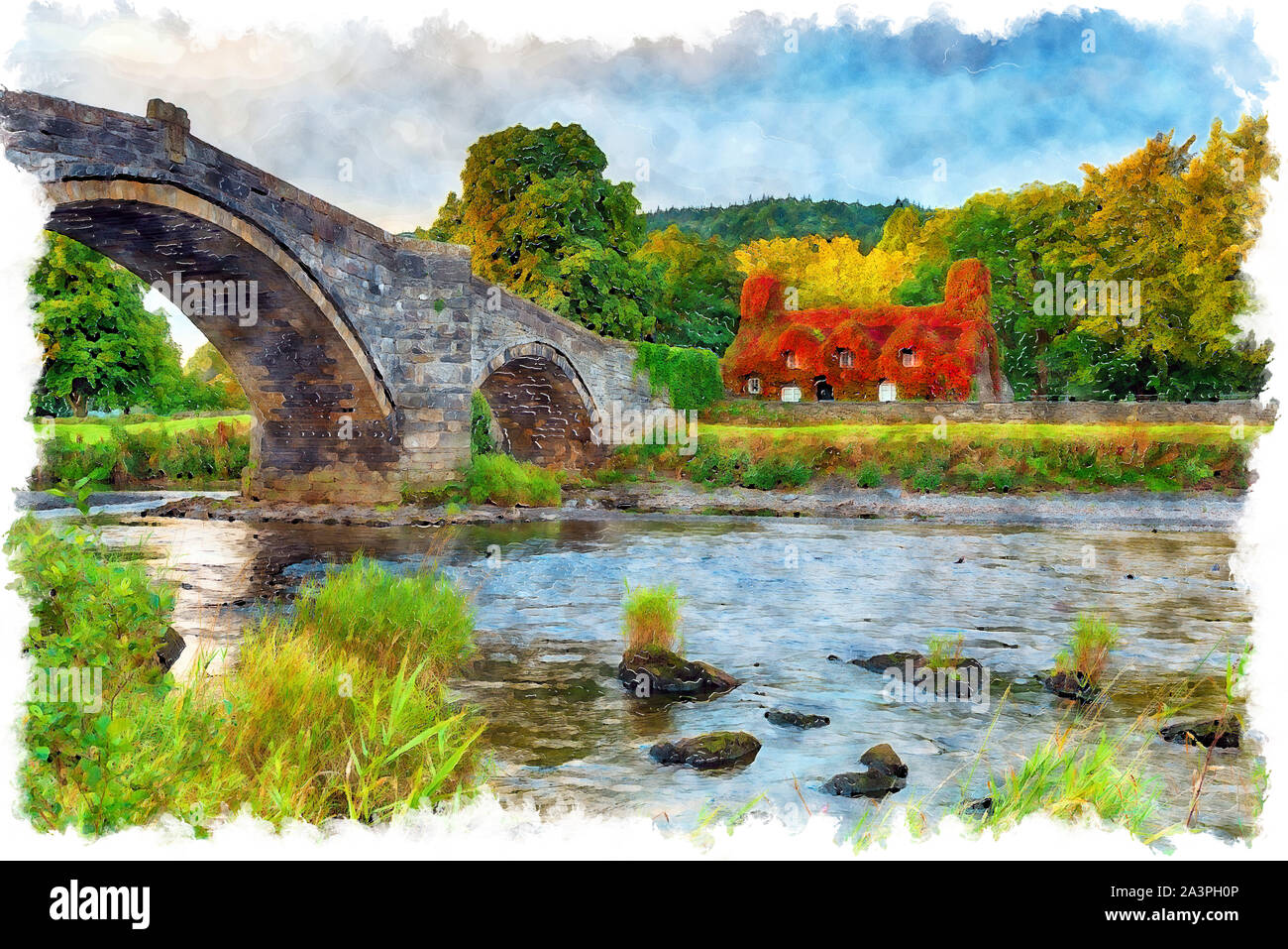 La pittura ad acquerello di Pont Fawr ponte sopra il fiume Conwy a Llanrwst sul bordo di Snpwdonia Parco Nazionale in Galles del nord Foto Stock