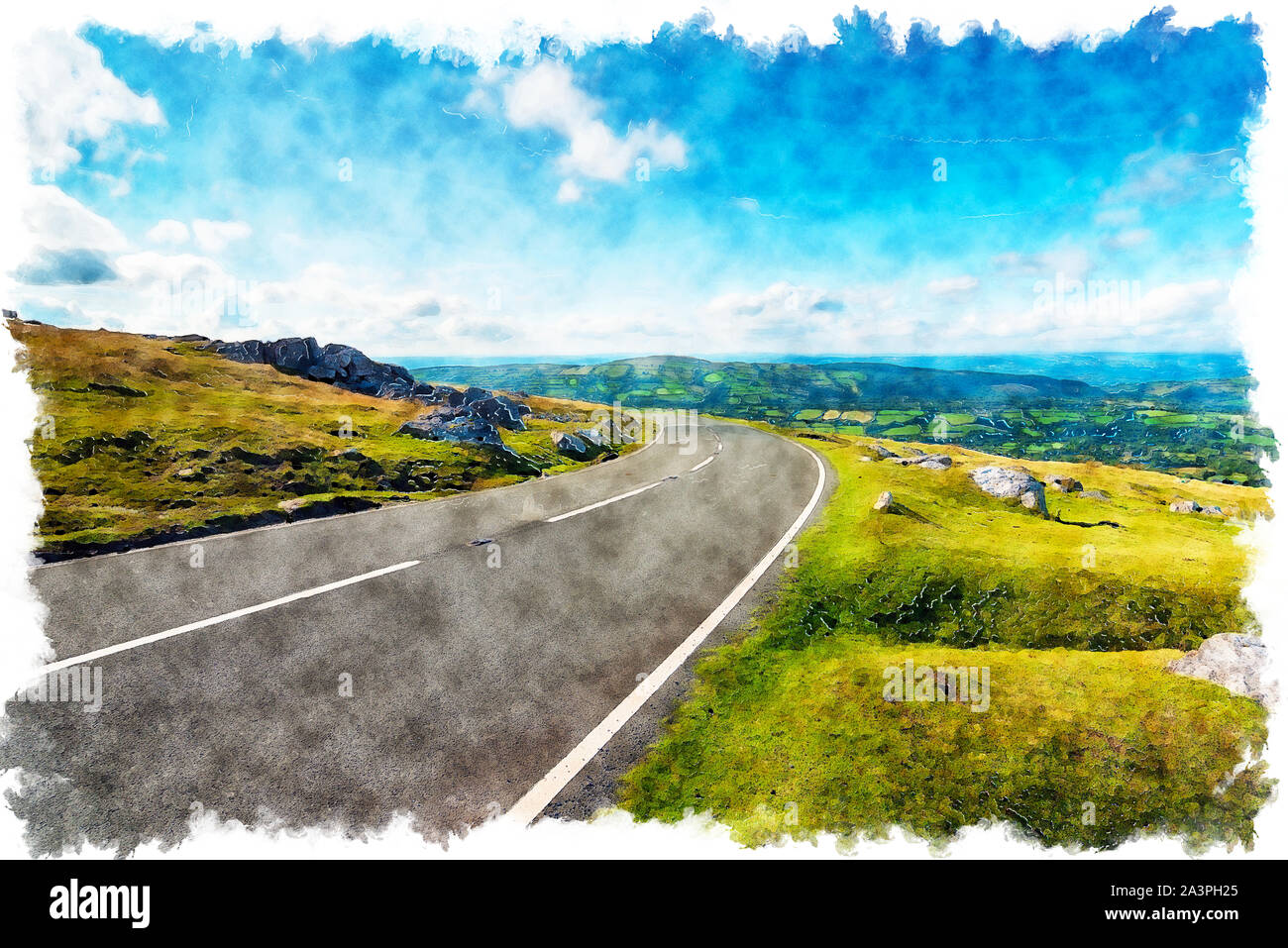 La pittura ad acquerello di A4069 o Black Mountain Road vicino alla cima della montagna in Brecon Beacons tra Brynamman superiore e ho Llangadog Foto Stock