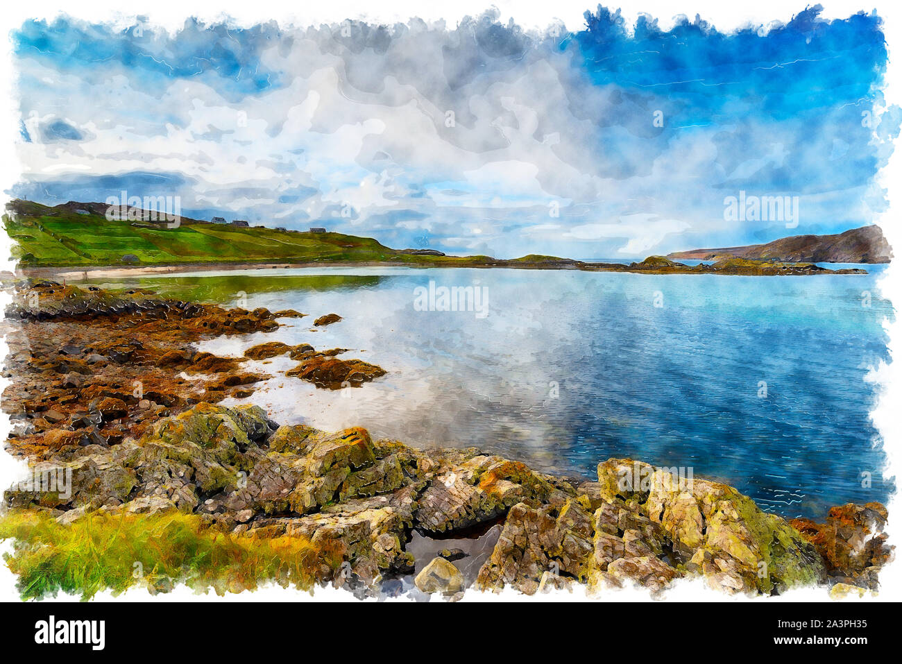 La pittura ad acquerello della baia di Scourie nelle Highlands della Scozia e sulla costa nord 500 SCENIC guida turistica route Foto Stock