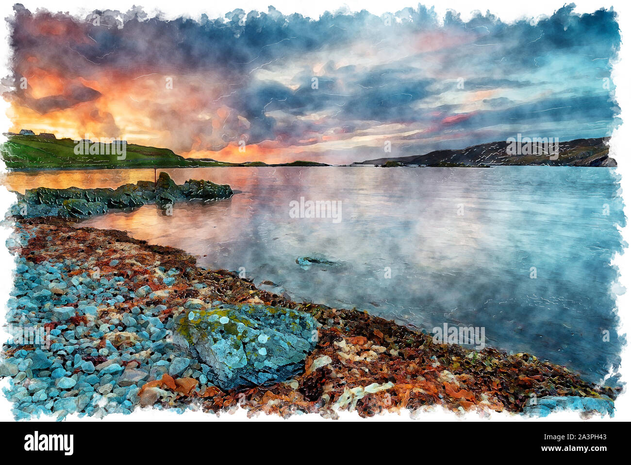 La pittura ad acquerello del tramonto sulla spiaggia a Scourie Baia nell'estremo nord-ovest della Scozia Foto Stock