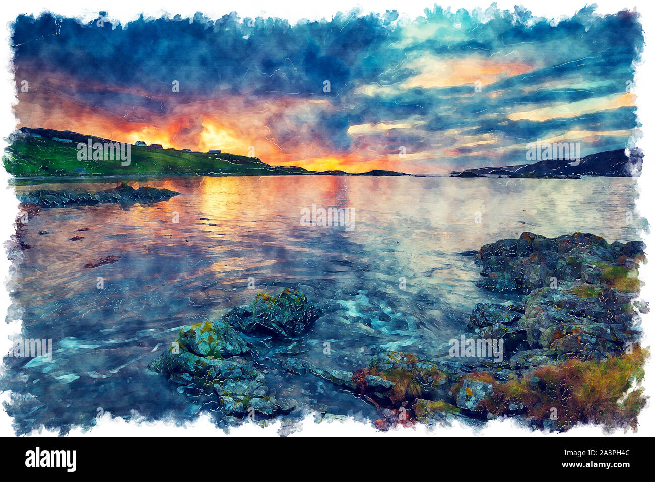 La pittura ad acquerello di un tramonto spettacolare cielo sopra la spiaggia di Scourie nelle Highlands della Scozia Foto Stock