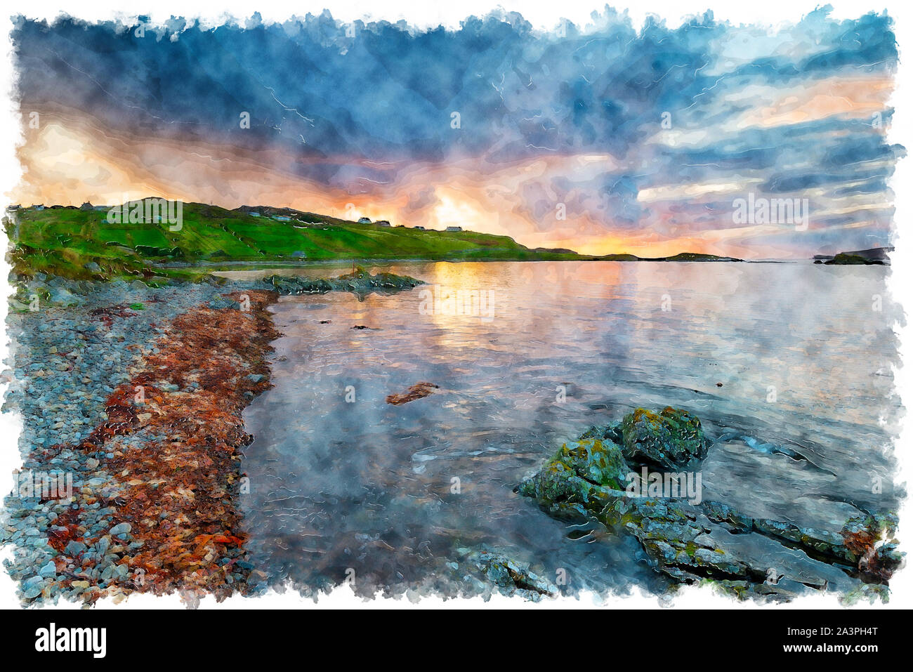 La pittura ad acquerello del tramonto su Scourie nelle Highlands della Scozia e un popolare una sosta sul NC500 scenic percorso di guida Foto Stock