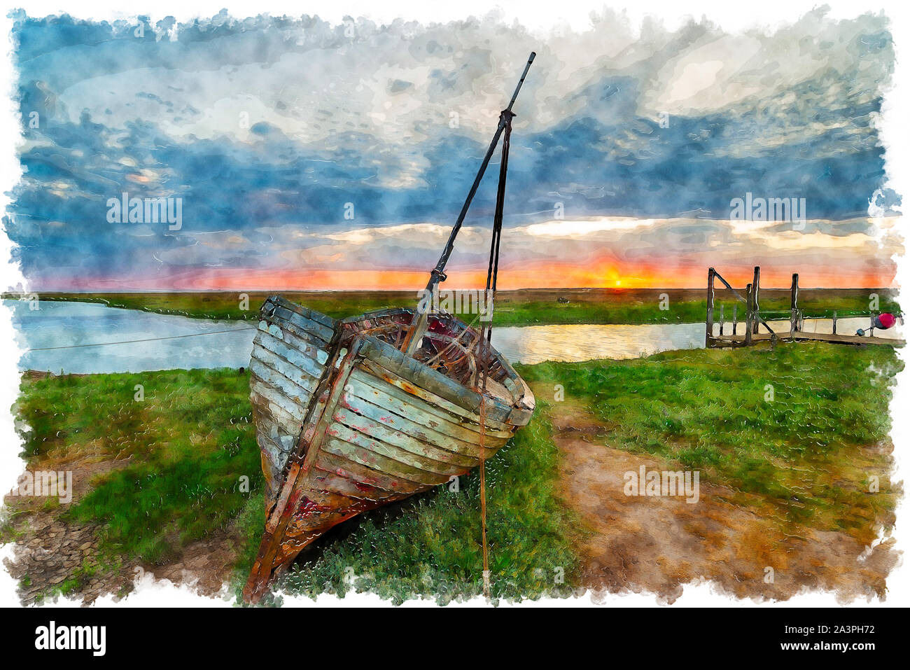 La pittura ad acquerello del tramonto su abbandonato la pesca in barca sulla riva a Thornham sulla costa nord di Norfolk Foto Stock