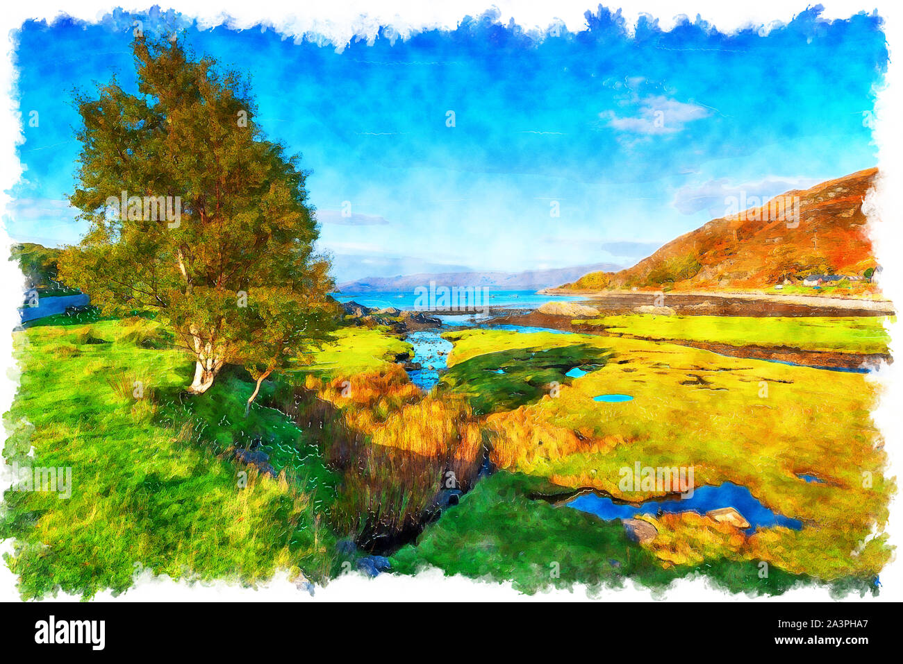La pittura ad acquerello di Glenuig sulla costa a Lochailort Highlands della Scozia Foto Stock
