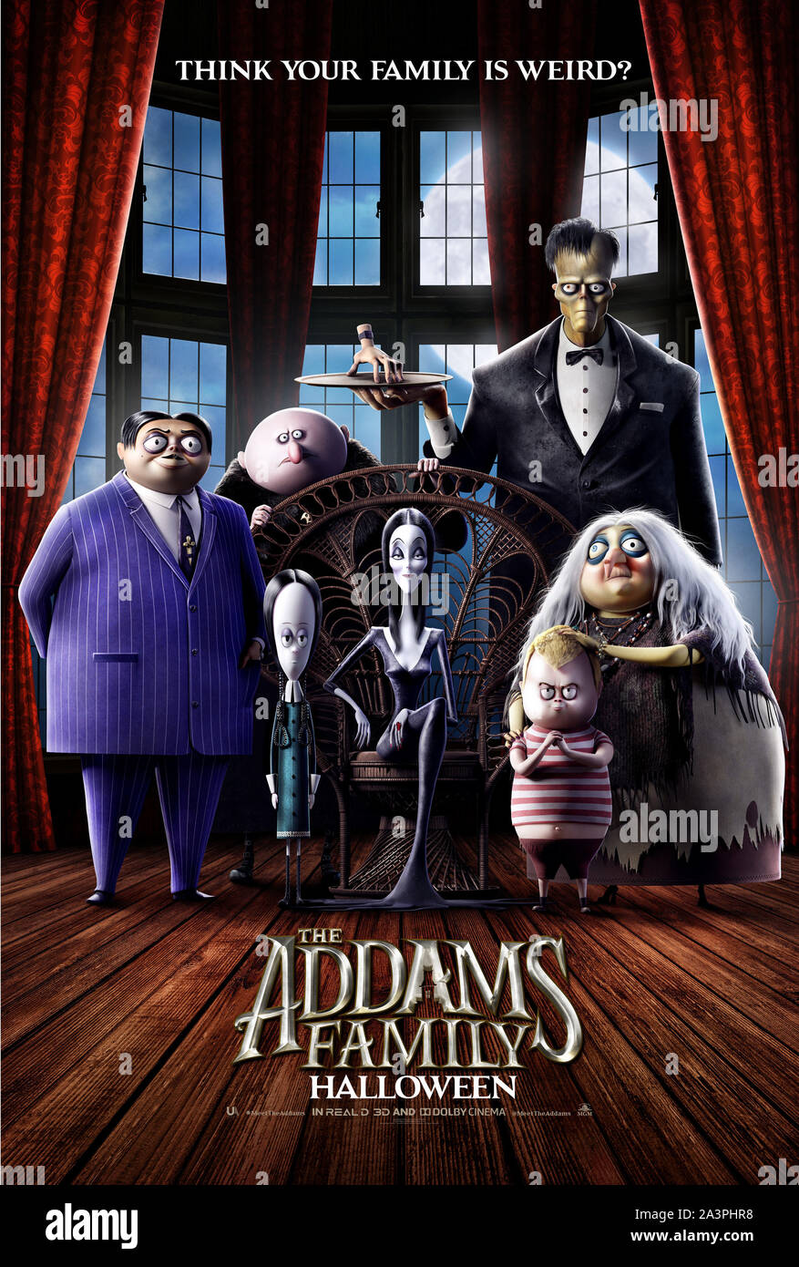 Data di rilascio: ottobre 11, 2019 Titolo: famiglia Addams STUDIO: MGM DIRETTORE: Trama: Una versione animata di Charles Addams' serie di cartoni animati su un peculiare, ghoulish famiglia. STARRING: (L a R) Oscar Isaac voci Gomez Addams, Chlo' Grazia Moretz voci Mercoledì Addams, Nick Kroll voci Zio Fester, Charlize Theron voci Morticia Addams, Conrad Vernon voci Lurch, Finn Wolfhard voci Pugsley Addams e Bette Midler voci nonna. (Credito Immagine: © MGM/Entertainment Immagini) Foto Stock