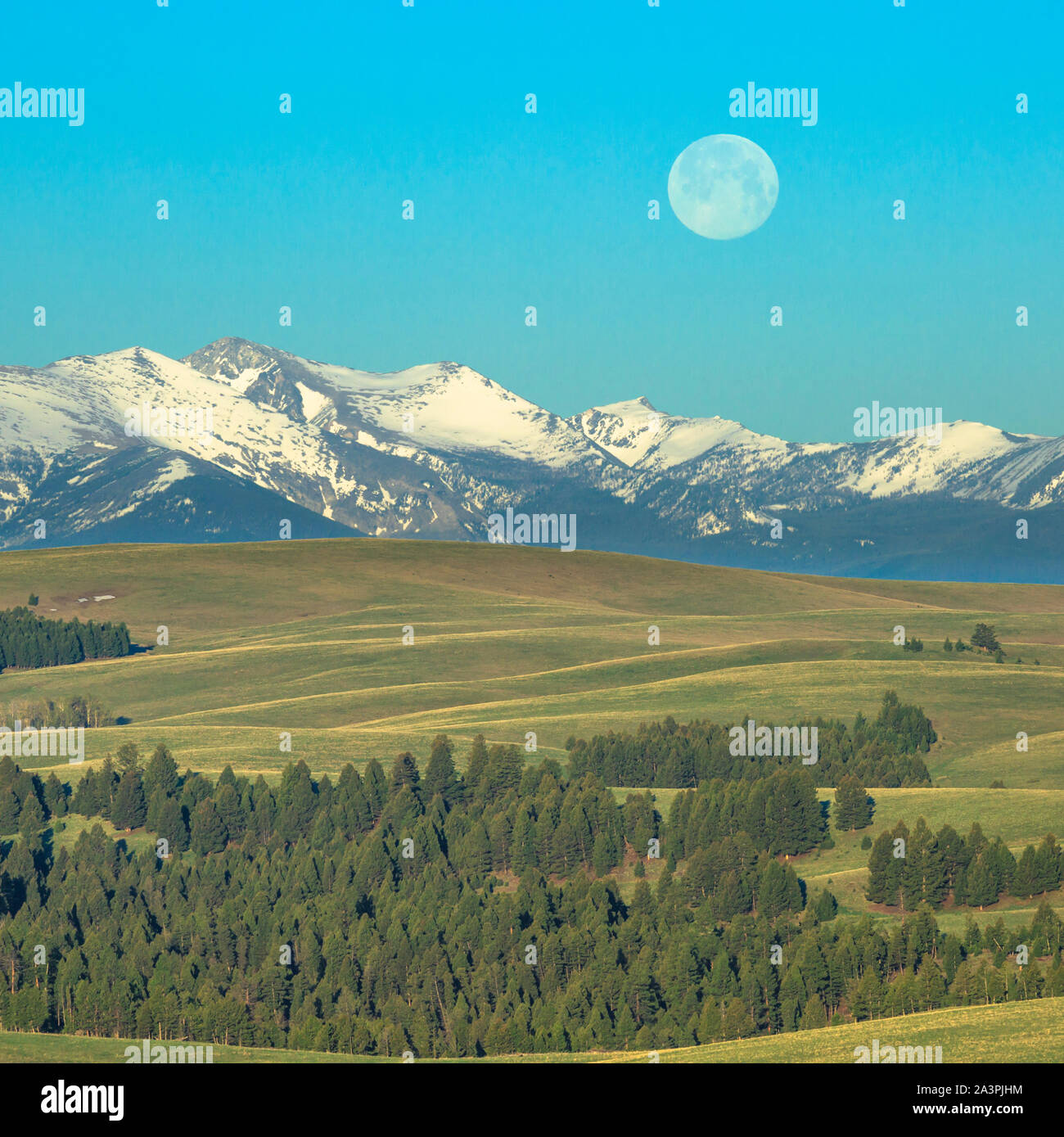 Luna piena impostazione oltre la pietra focaia creek gamma e colline della tomaia spotted dog creek vicino bacino avon, montana Foto Stock