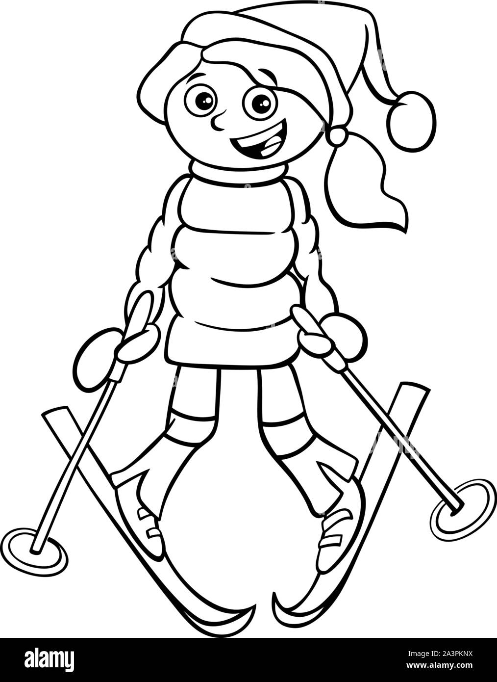 Bianco e Nero Cartoon illustrazioni del ragazzo o ragazza Teen carattere sugli sci in inverno la colorazione di pagina del libro Illustrazione Vettoriale