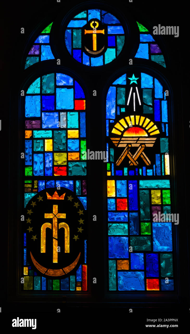 Vetrata a Nostra Signora di Guadalupe La Chiesa cattolica in Missione, Texas Foto Stock
