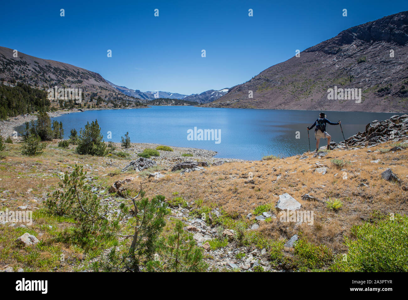 Una femmina di escursionista sulla riva del lago di borsette nella parte orientale della Sierra Nevada della California , Stati Uniti Foto Stock