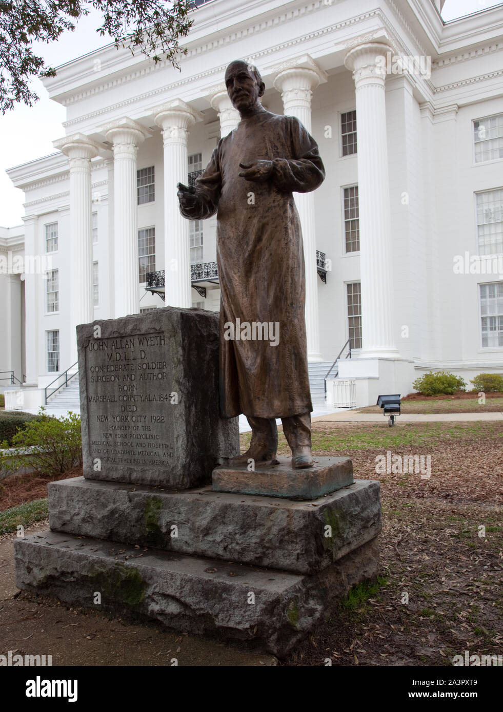 Statua di John Allen Wyeth, soldato confederato, chirurgo e autore, con motivi di Alabama State Capitol in Montgomery, Alabama Foto Stock