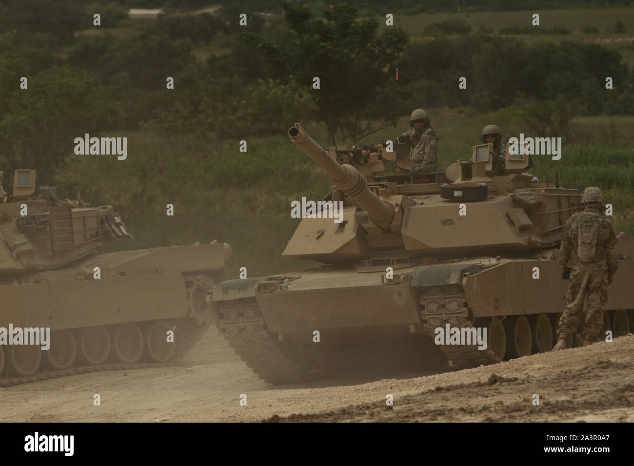 I soldati assegnati al 2° Brigata corazzate contro la squadra, 1° Divisione di cavalleria condotta gunnery qualifiche per certificare la vasca di Abrams equipaggi e mantenere la disponibilità alla formazione area di Fort Hood, Tx. Giugno 23, 2019. Foto Stock