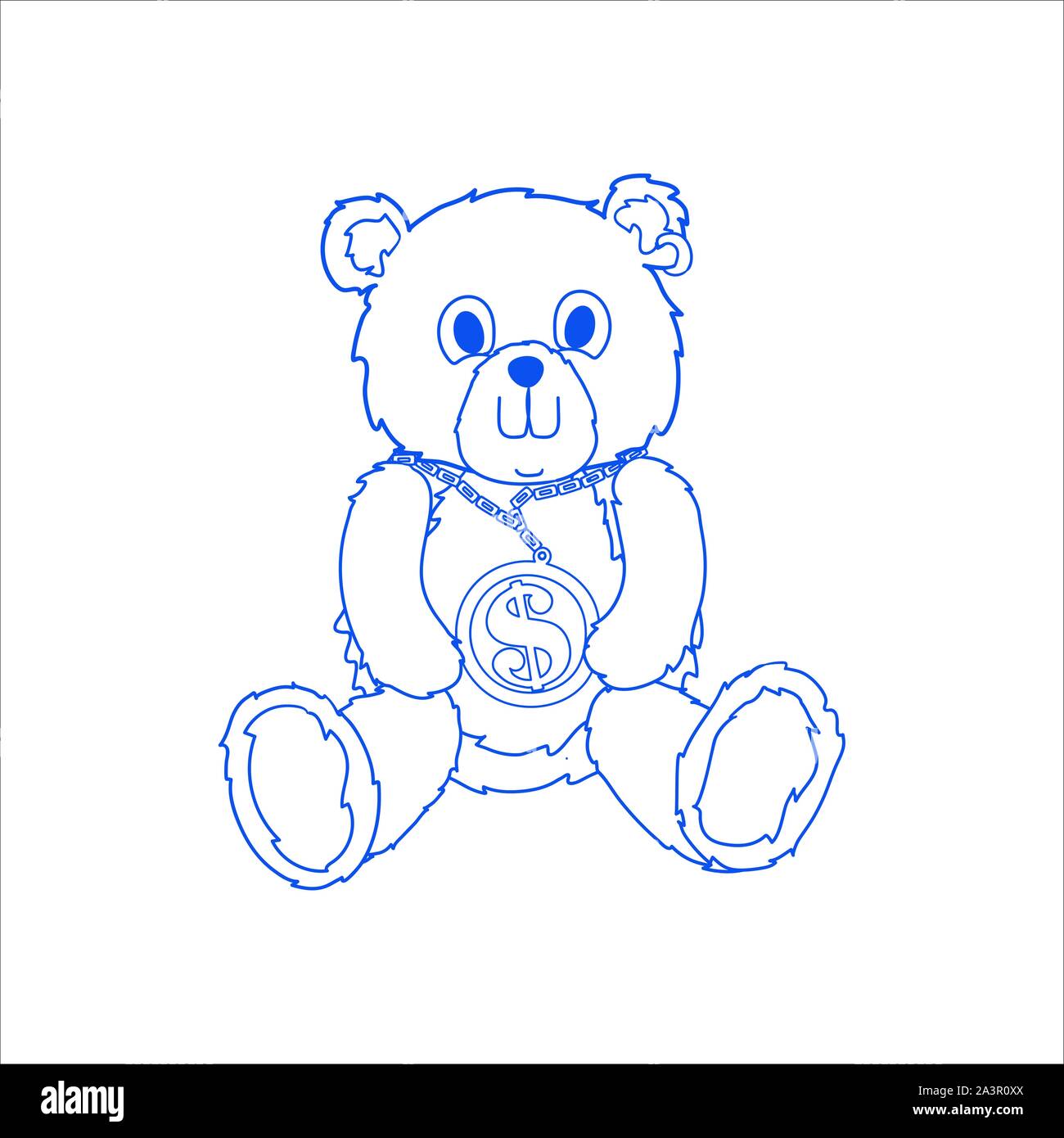 Line art orso con una grande catena & dollar sign immischiarsi siting verso il basso Illustrazione Vettoriale
