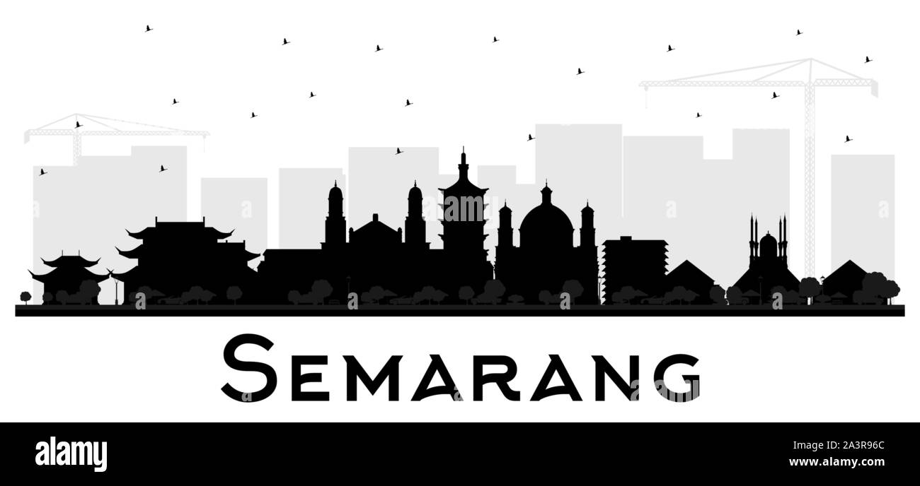 Semarang Indonesia skyline della città silhouette nera con edifici isolati su bianco. Illustrazione Vettoriale. Illustrazione Vettoriale