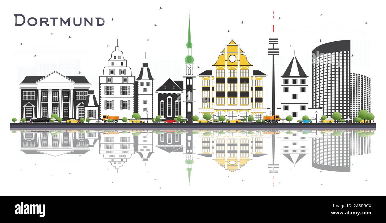 Dortmund Germania skyline della città con edifici di colori e riflessi isolato su bianco. Illustrazione Vettoriale. Illustrazione Vettoriale