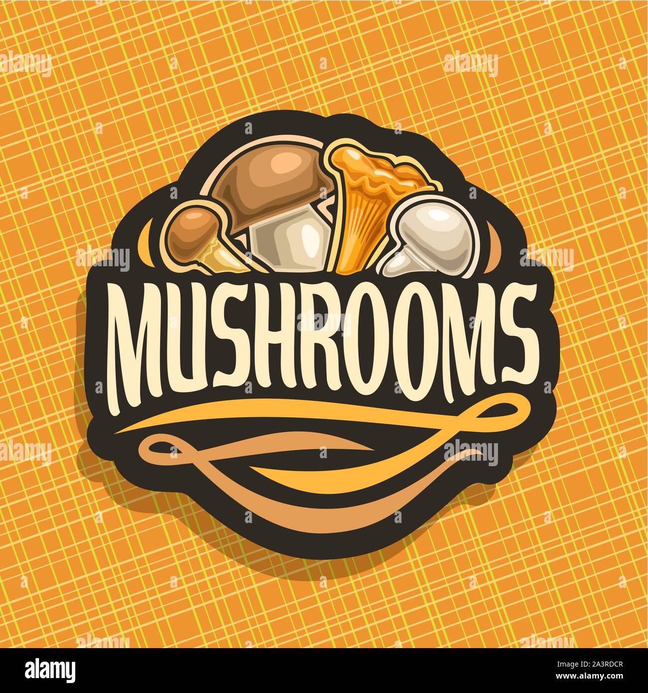 Il logo del vettore per i funghi, segno di taglio con miele commestibili agaric selvagge di funghi porcini, foresta chanterelle, freschi champignon su sfondo geometrico, veg Illustrazione Vettoriale