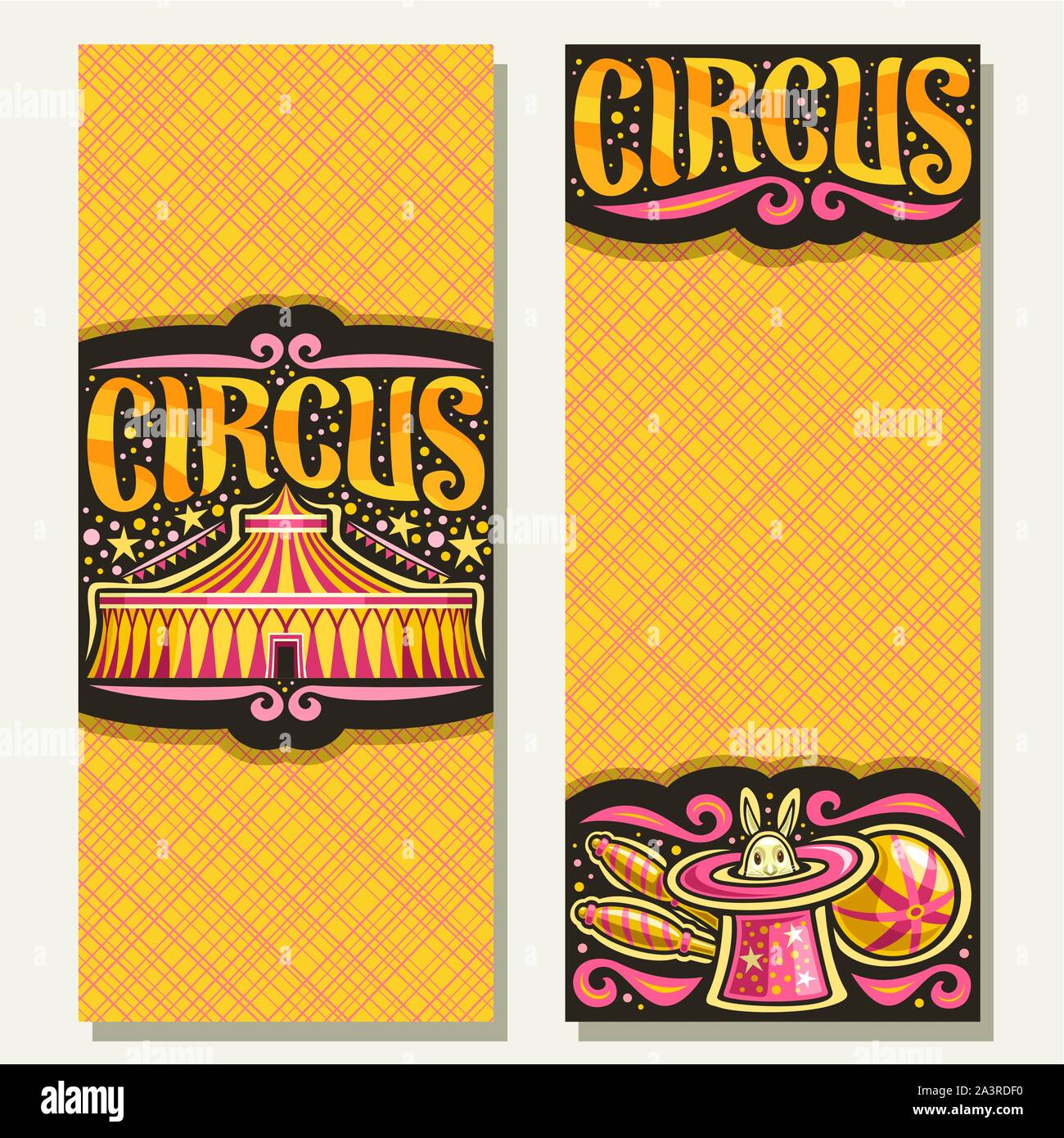 Banner di vettore per notte Circus con copia spazio, spazzola originale font per parola giallo circus, 2 biglietti per il cirque prestazioni con big top tenda, juggl Illustrazione Vettoriale