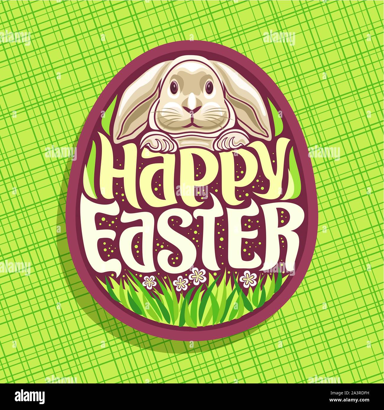 Il logo del vettore per vacanze di Pasqua, manoscritta originale carattere tipografico spazzola per testo felice Pasqua, coniglio grigio sullo sfondo della forma di uovo di pasqua conce moderno Illustrazione Vettoriale