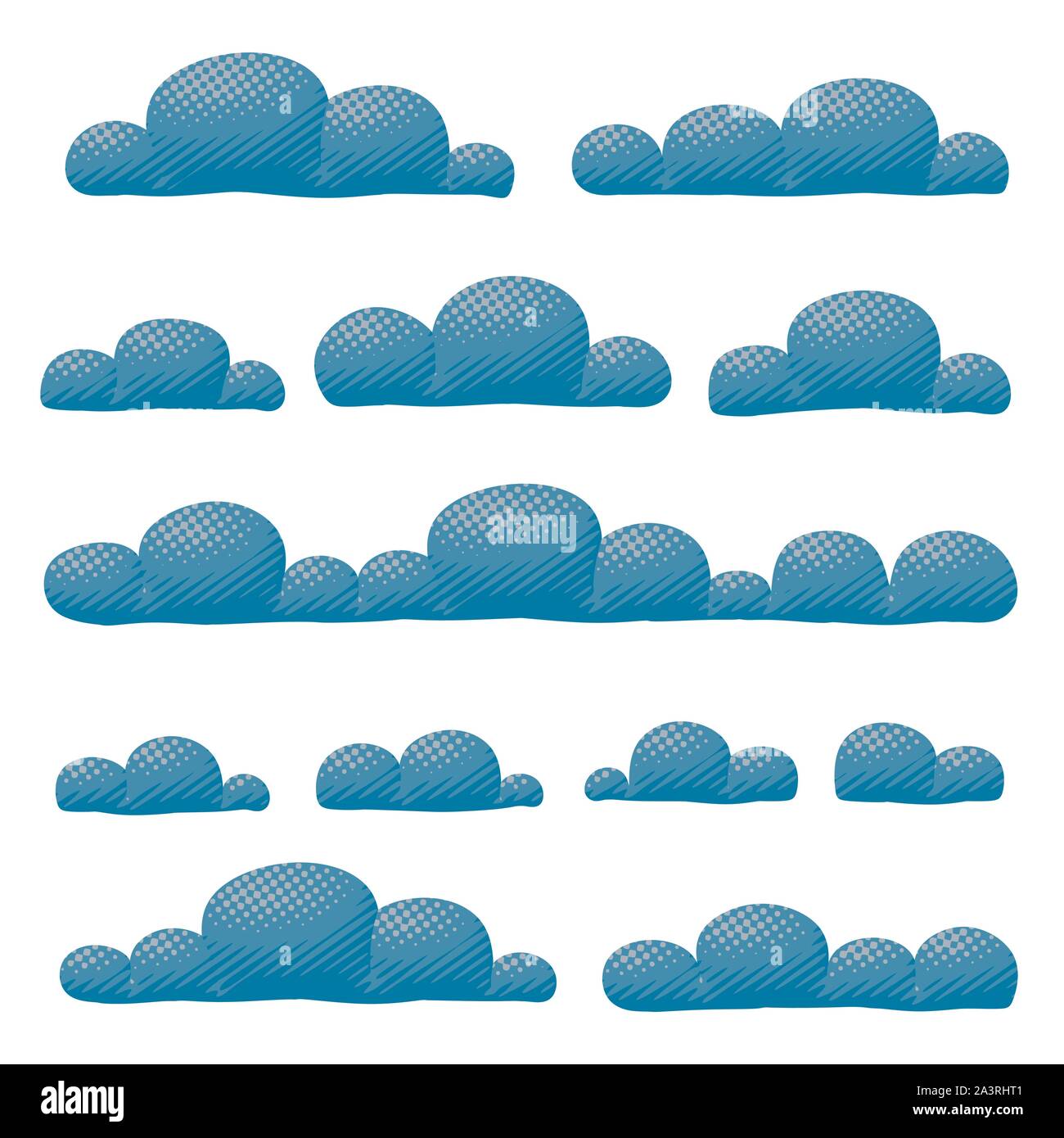 Vettore di fumetti design del blu cielo nuvoloso o molto nuvoloso panorama collezione. Cartoon fluffy sky poster di cumulus nubi impostato con il concetto di clima Illustrazione Vettoriale