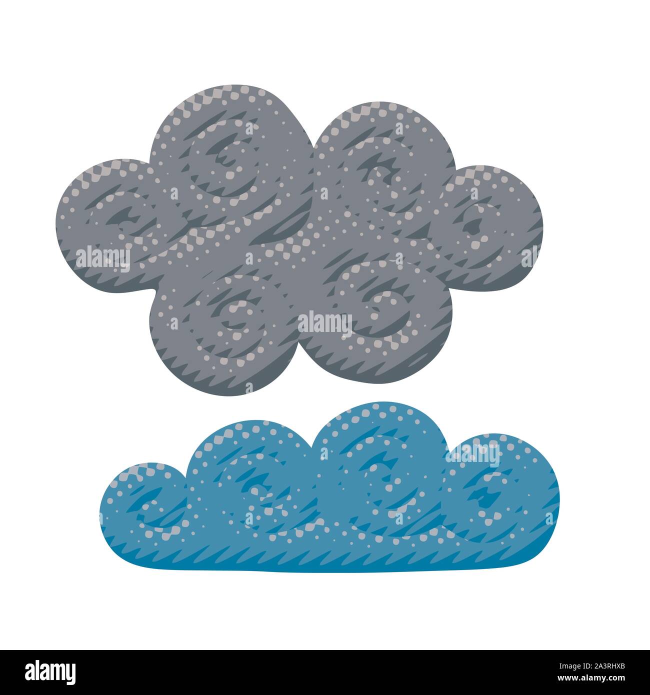 Fumetto illustrazione vettoriale di cloudscape grigio e blu Poco nuvoloso Nuvoloso molla. Cartoon sky pop art di ricci nuvole grigio in autunno Illustrazione Vettoriale