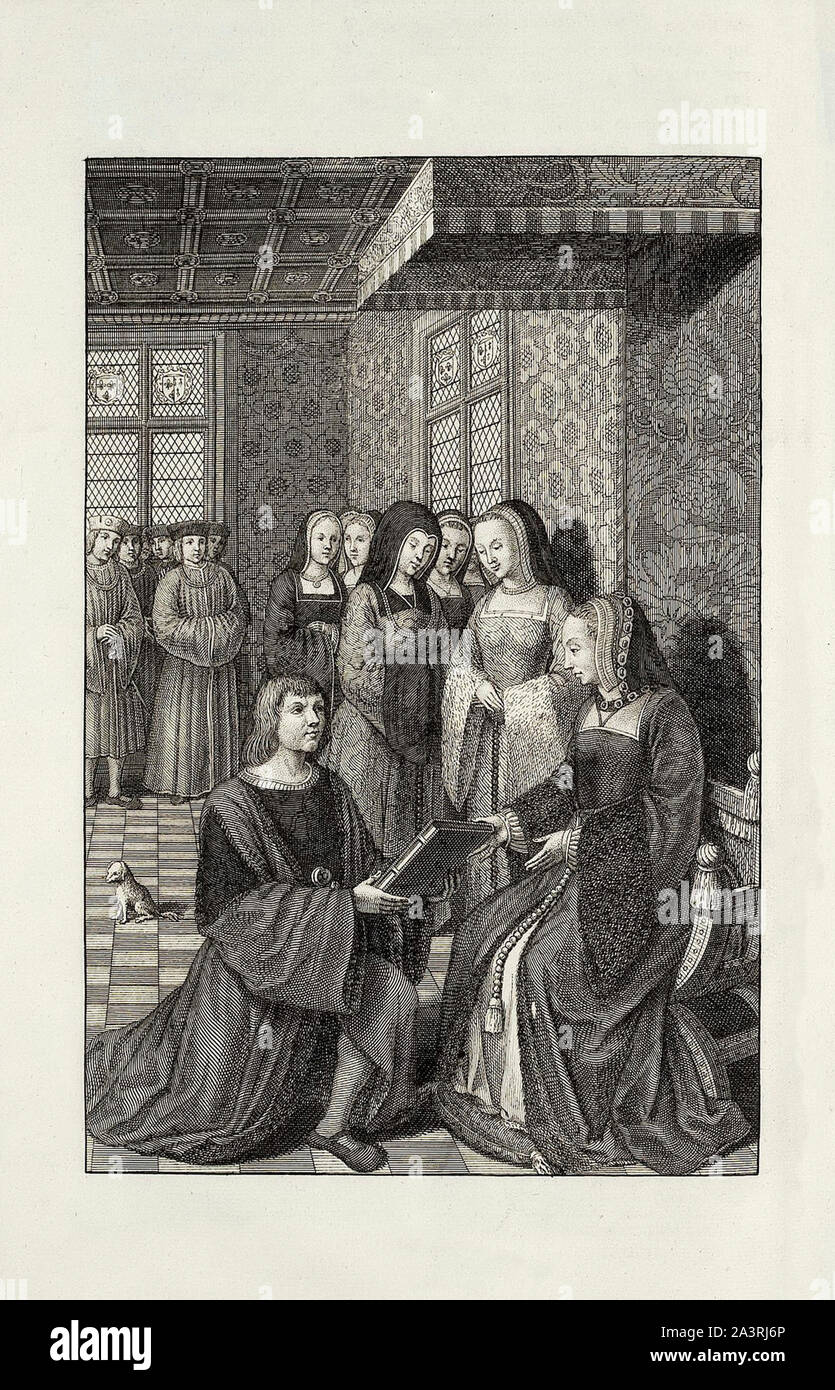 Jean Desmarets presenta un libro a Queen Anne. Anna di Bretagna (Anne de Bretagne; Breton: Anna Breizh) (1477 - 1514]) è stata la duchessa di Bretagna da 148 Foto Stock