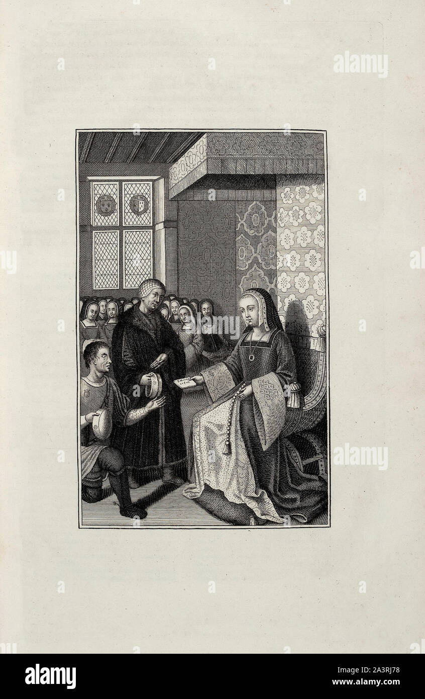 Queen Anne con il suo signore e un corriere al quale ella dà una lettera. Anna di Bretagna (Anne de Bretagne; Breton: Anna Breizh) (1477 - 1514]) è stata Duche Foto Stock