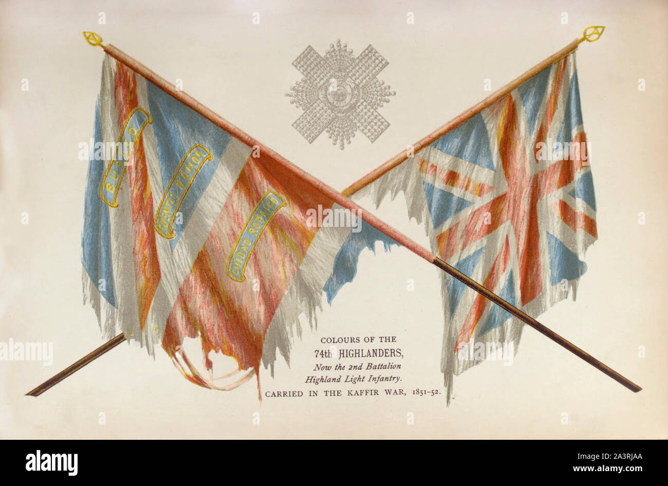 I colori della 74a Montanari ora secondo battaglione Highland Light Infantry. Portati nella guerra Kaffir. 1851-1852. Foto Stock