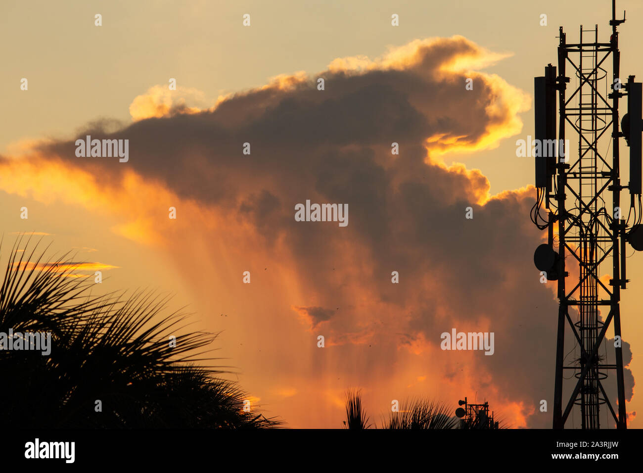 Bellissima vista di nuvole durante il tramonto e il telefono cellulare torre in primo piano Foto Stock