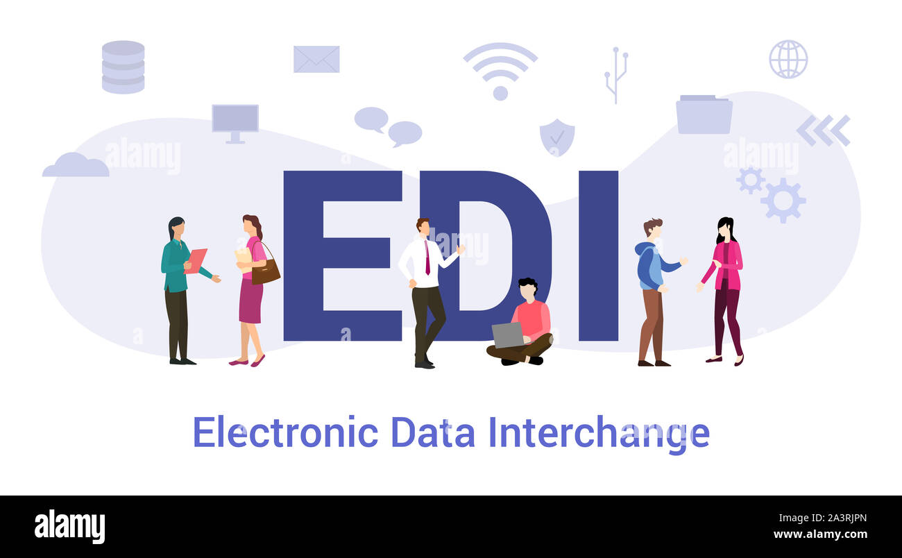 Edi electronic data interchange concetto con grande parola o il testo e il team di persone con un moderno stile piatto - illustrazione vettoriale Foto Stock