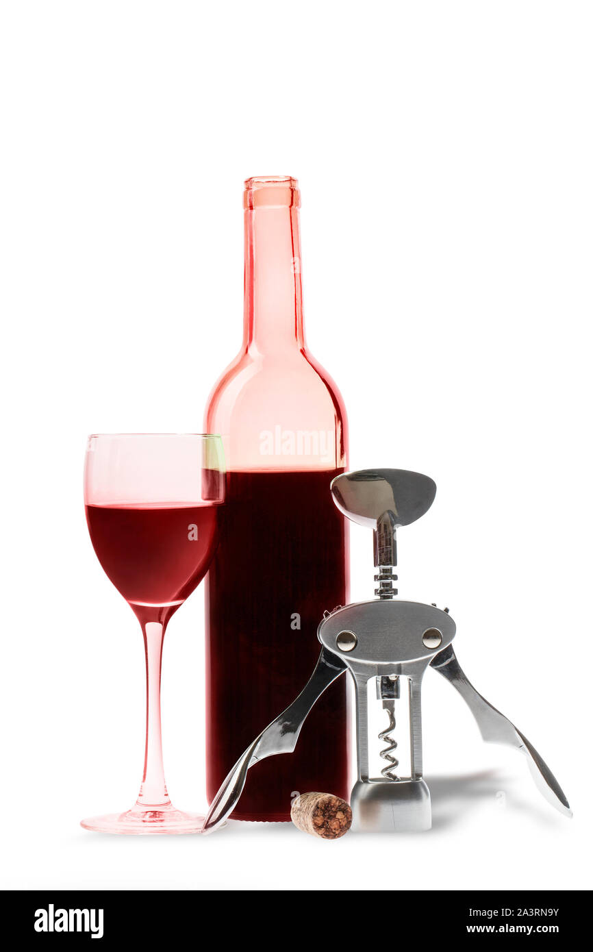 Bicchiere di vino in bottiglia e cavatappi (percorso di clipping). Foto Stock