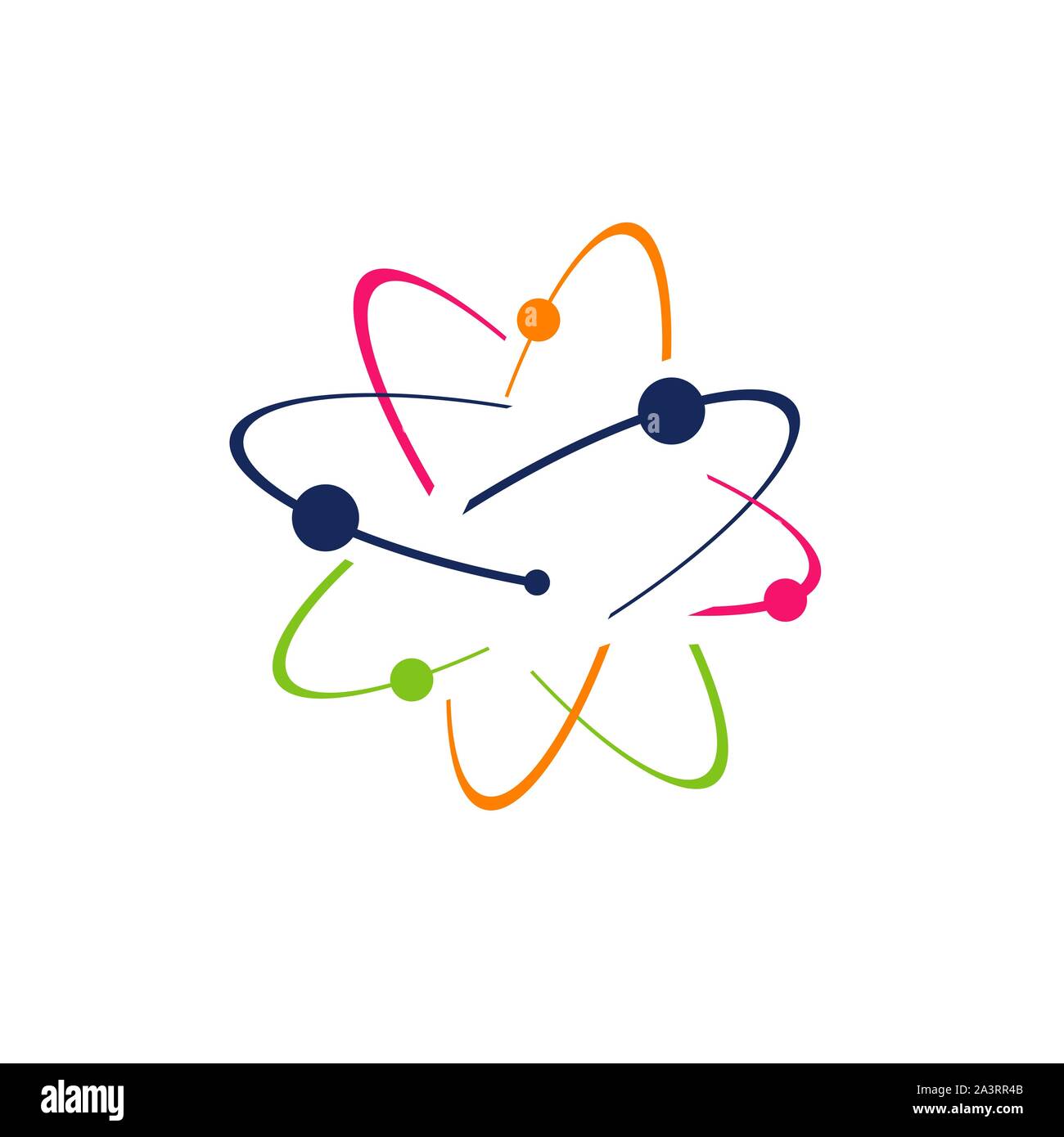 Simbolo della scienza ricerca logo Atom icona Vettore illustrazione. Gli elettroni ruotano in orbite intorno al nucleo atomico concept Illustrazione Vettoriale
