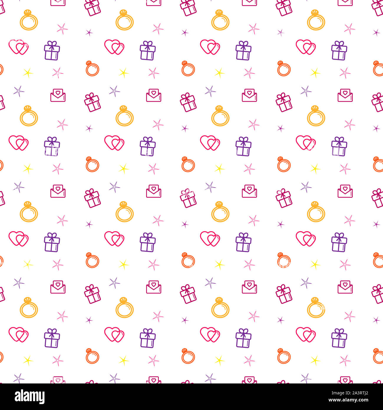 Sfondo di matrimonio seamless pattern. Amore, romanticismo linea piatta icone - cuori, anello di fidanzamento, dono, valentine card. Foto Stock