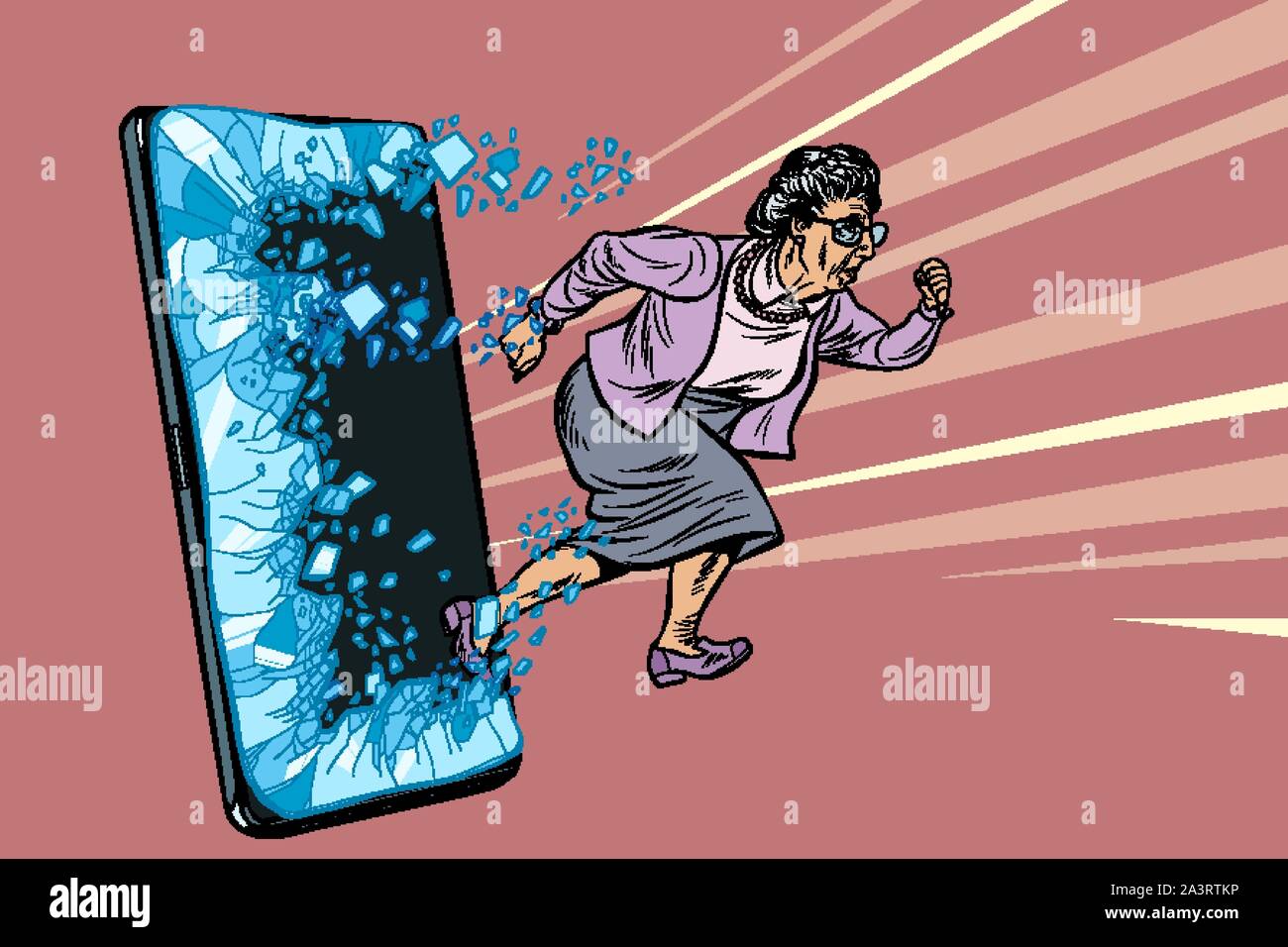 Femmina lady in pensione e il nuovo concetto tecnologico. nonna punzoni dello schermo dello smartphone e va online. Telefono dello smartphone gadget. Online Inte Illustrazione Vettoriale