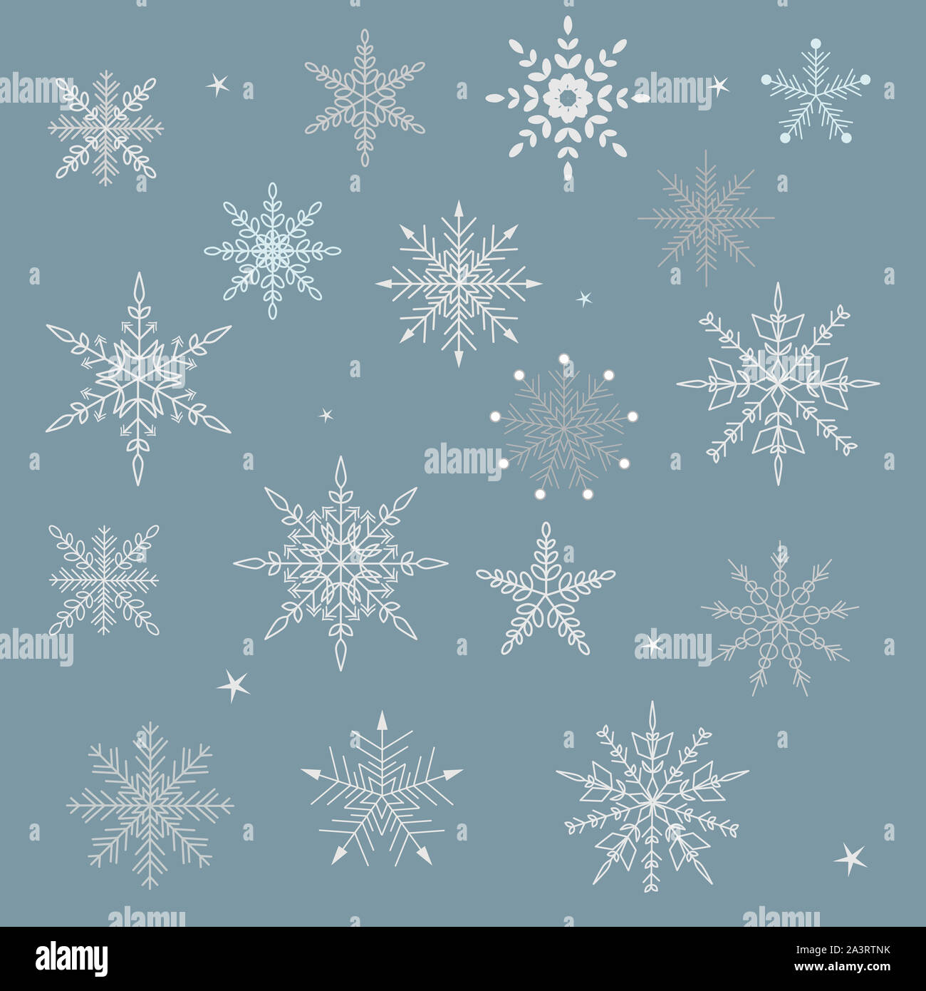 Set di icona del fiocco di neve. Piatto di Natale silhouette isolato su sfondo scuro. Foto Stock